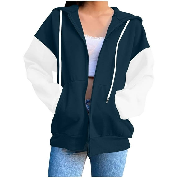 BSDJILFG Zip Up Jackets for Women Color Block Hoodies Long Sleeve Sweatshirts Fall Cardigans Drawstring with Pockets