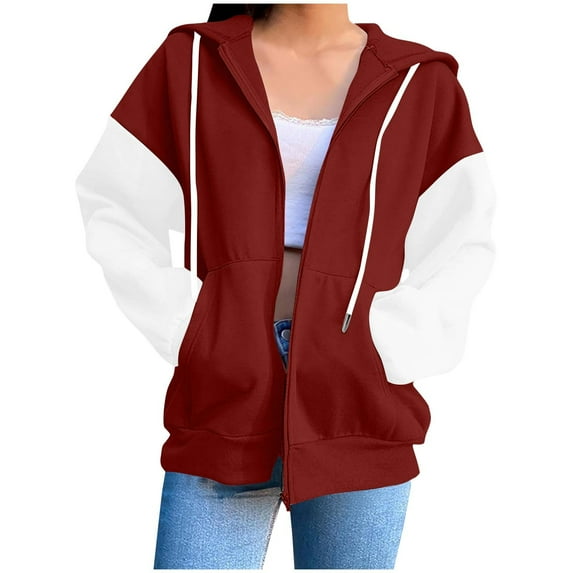BSDJILFG Zip Up Jackets for Women Color Block Hoodies Long Sleeve Sweatshirts Fall Cardigans Drawstring with Pockets