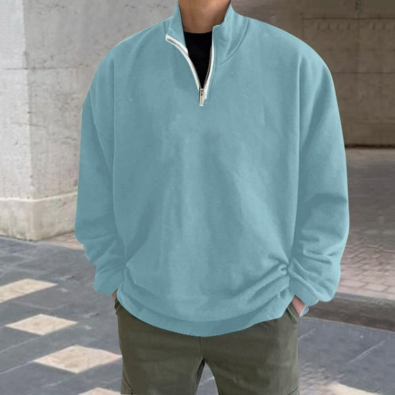 BSDJILFG Zip Up Sweatshirts for Men No Hoods,Long Sleeve Fleece Sweatshirts for Men,Drop Shoulder Stand Collar Pullover Golf Shirts