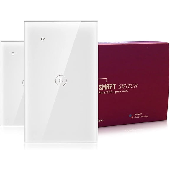 BSEED Smart Light Switch 2.4GHz WiFi Smart in-Wall Light Switch 2 Pack Tempered Glass Touch Panel Work with Alexa/Google 118×71mm 1 Gang 1 Way White, Neutral Wire Needed, No Hub Required