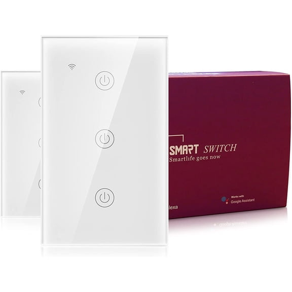 BSEED Smart Touch Light Switch, 2.4GHz WiFi in-Wall Light Switches, Tempered Glass Panel, Works with Alexa/Google/IFTTT, Neutral Wire Needed, No Hub Required, 3 Gang 1 Way, Pack of 2 (White)