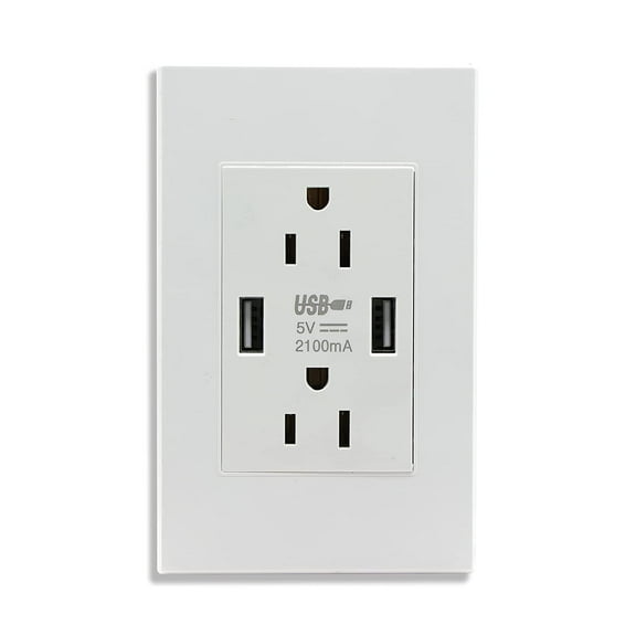BSEED USB Charger Wall Outlet,2.1A Dual USB Ports Wall Charger Outlet,15A Outlets Receptacles,Electrical USB Socket with Wall Plate,White-1Pack