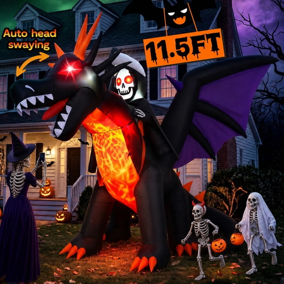 BSHAPPLUS® 11.5 ft Halloween Inflatable Dragon with Grim Reaper Rider,Auto Head-Swaying Giant Outdoor Decor,Rotating Flame LED Light,IP44 Waterproof 2 Blower,Windproof for Lawn Garden Halloween Party