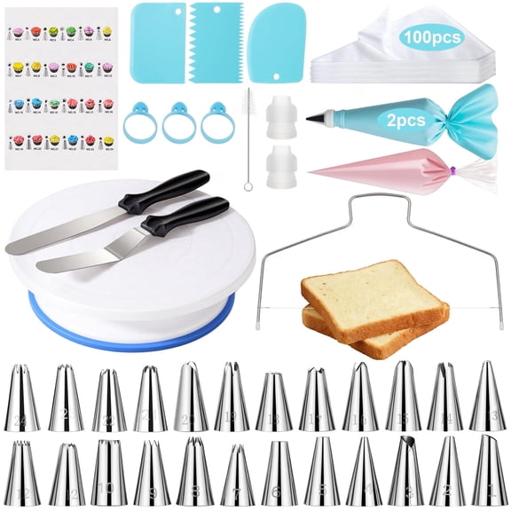 BSHAPPLUS® All-In-One Cake Decorating Kit with 360° Rotating Turntable,24 Numbered Stainless Steel Piping Tips,100 Pastry Bags,Cake Leveler,Spatulas,Scrapers,Baking Supplies for Cupcake Cake Beginner