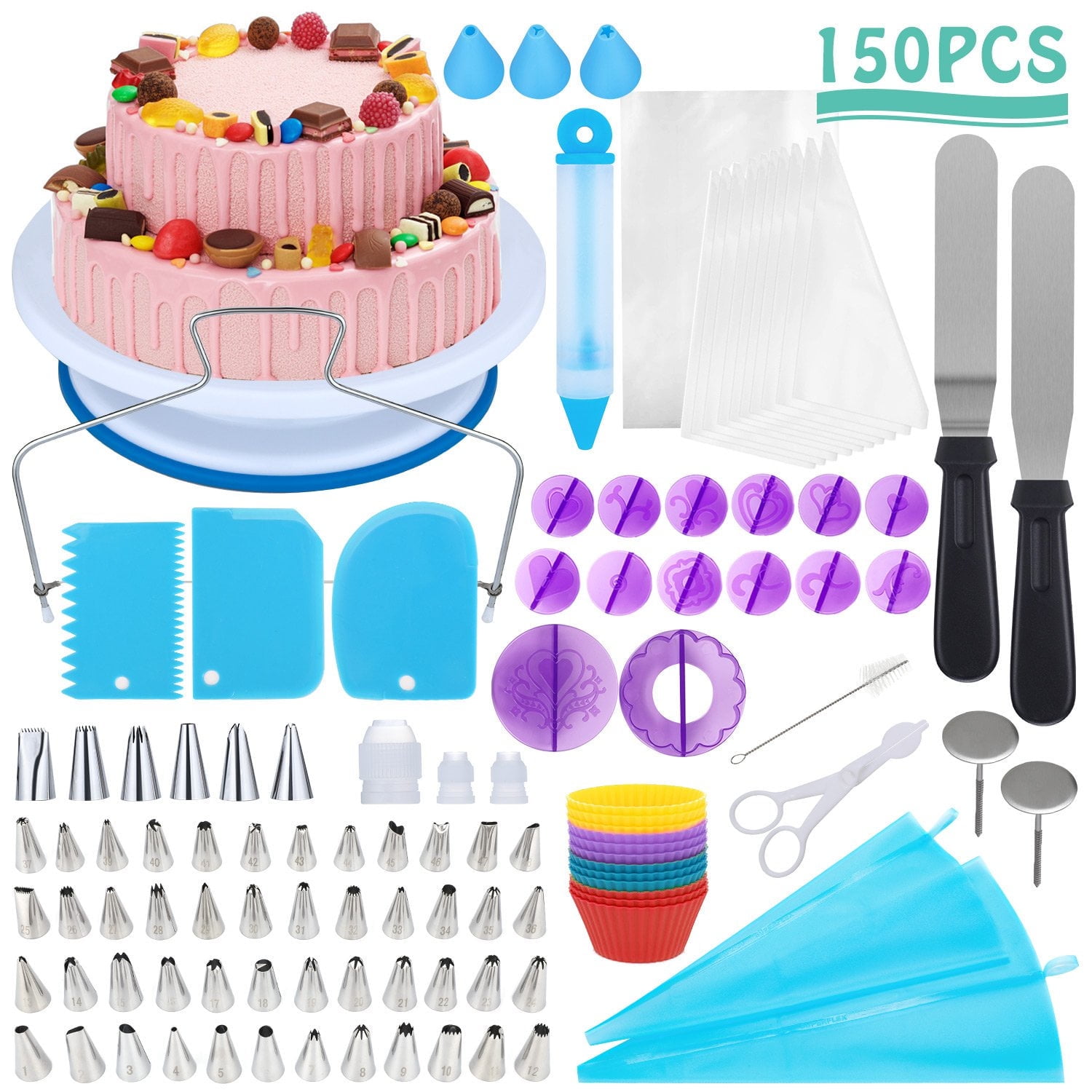 BSHAPPLUS 150 Pcs Cake Decorating Supplies Set,Cupcake Decorating Supplies,Baking Supplies Tools,Piping Bags and Tips Set with Cake Turntable,Cake Pans,Frosting Bags,Icing Tips Pastry,Cake Scrapers