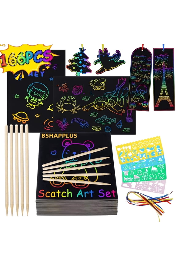 ® 166pcs Rainbow Art Scratch Papers,Scratch off Paper Set for Kids Art and Craft Activity Book Black Sketch Doodle Pads with Drawing Stick for Party Favor Game Gift