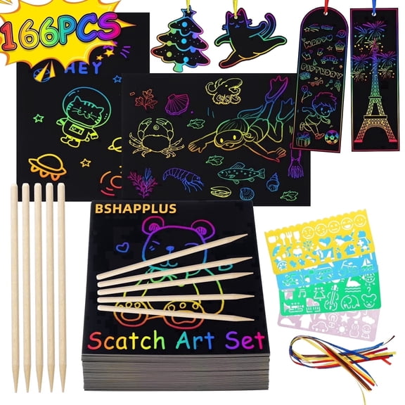 BSHAPPLUS® 166 Pieces Rainbow Scratch Art Paper, Magic Scratch-off Kit for Kids Art and Craft Activities, Black Sketch Doodle Pads with Wooden Styluses for Party Favors, Birthday Gifts