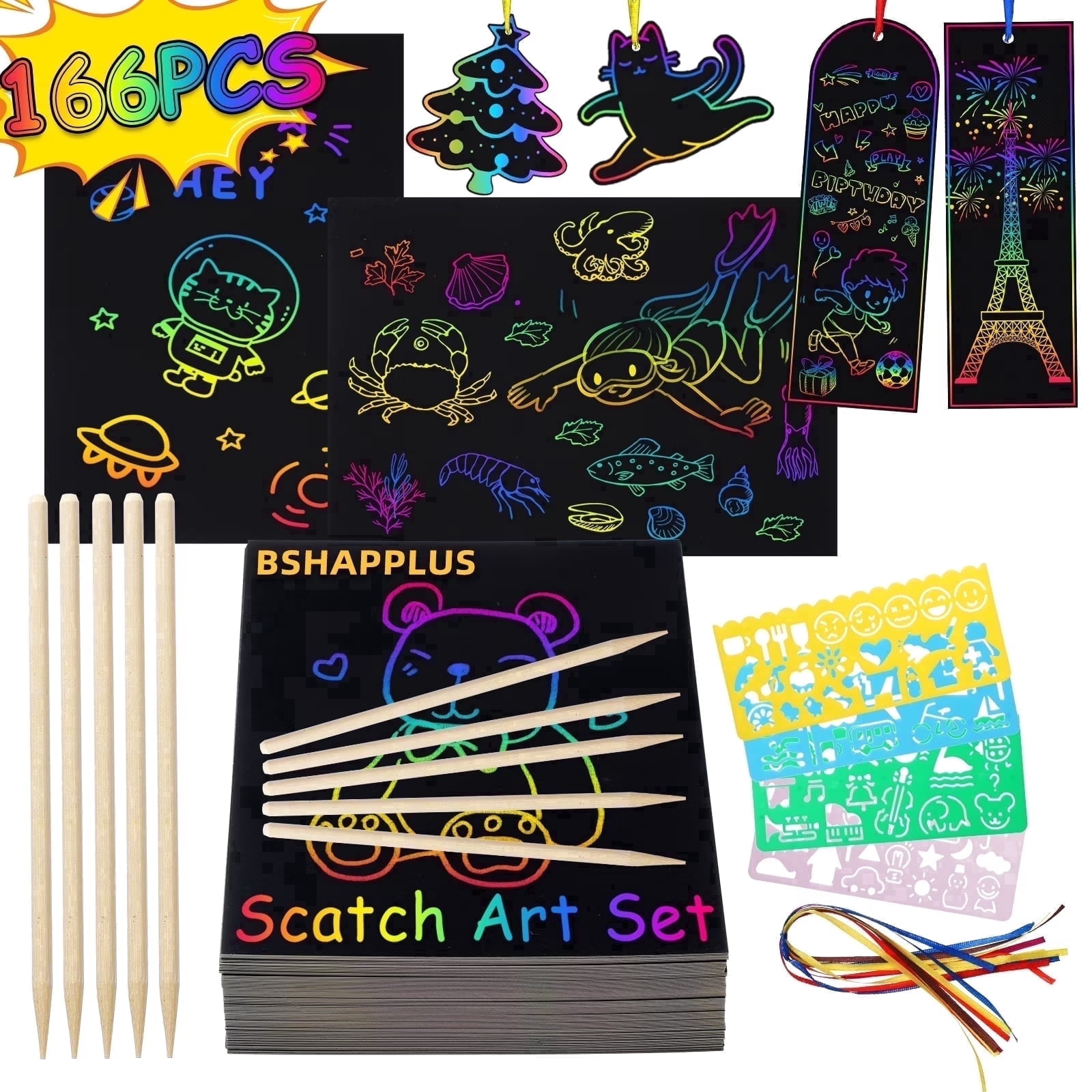 アート・デザイン・音楽 PAPER AND PEN, STORY stomachache BSHAPPLUS® 166 Pieces Rainbow Scratch Art Paper, Magic Scratch-off