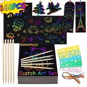 BSHAPPLUS  166 Pieces Rainbow Scratch Art Paper, Magic Scratch-off Kit for Kids Art and Craft Activities, Black Sketch Doodle Pads with Wooden Styluses for Party Favors, Birthday Gifts