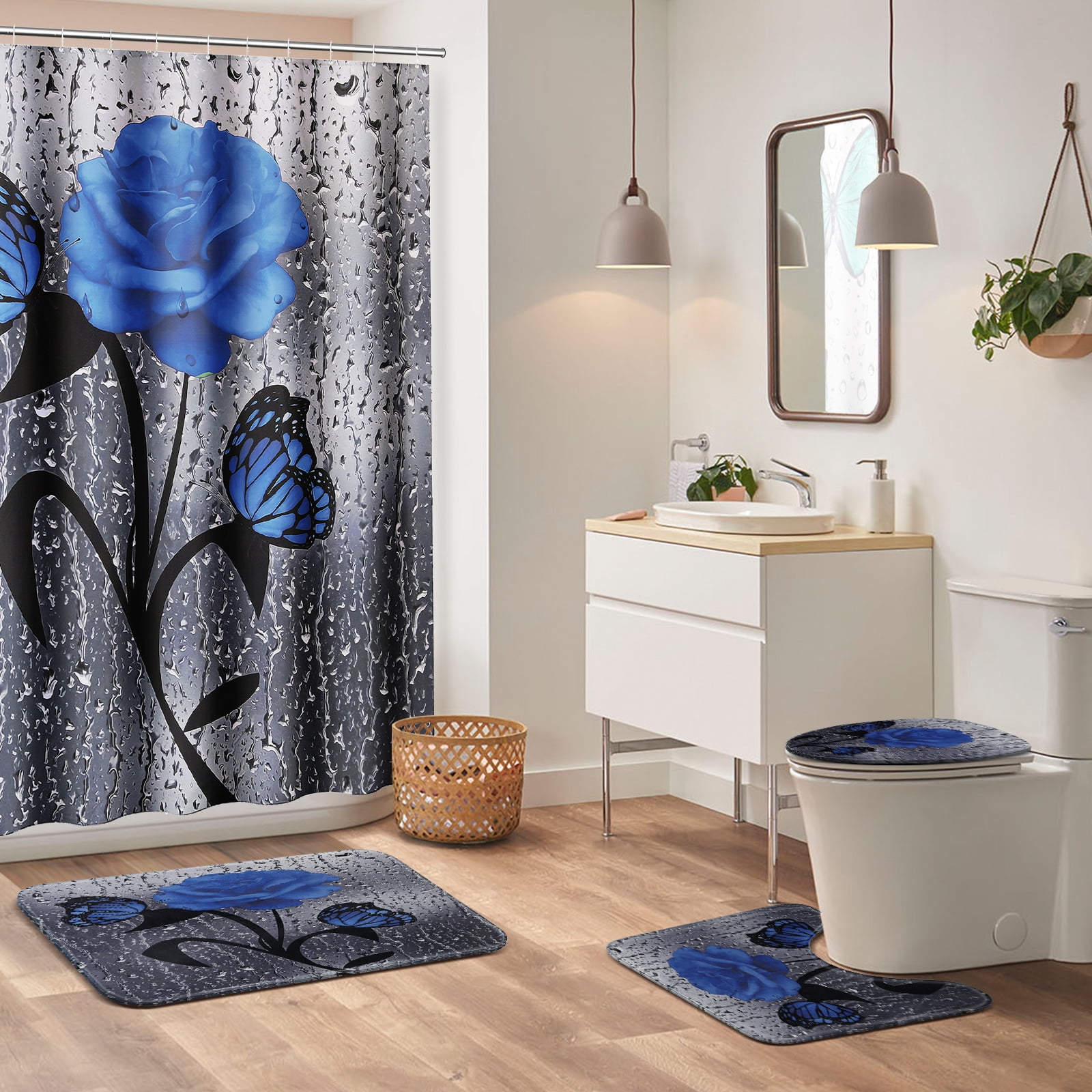 BSHAPPLUS 4PCS 78.7"x70.9" Long Shower Curtain Set for Bathroom Blue Rose Bathroom Sets with Fabric Shower Curtain and Rugs 12 Hooks