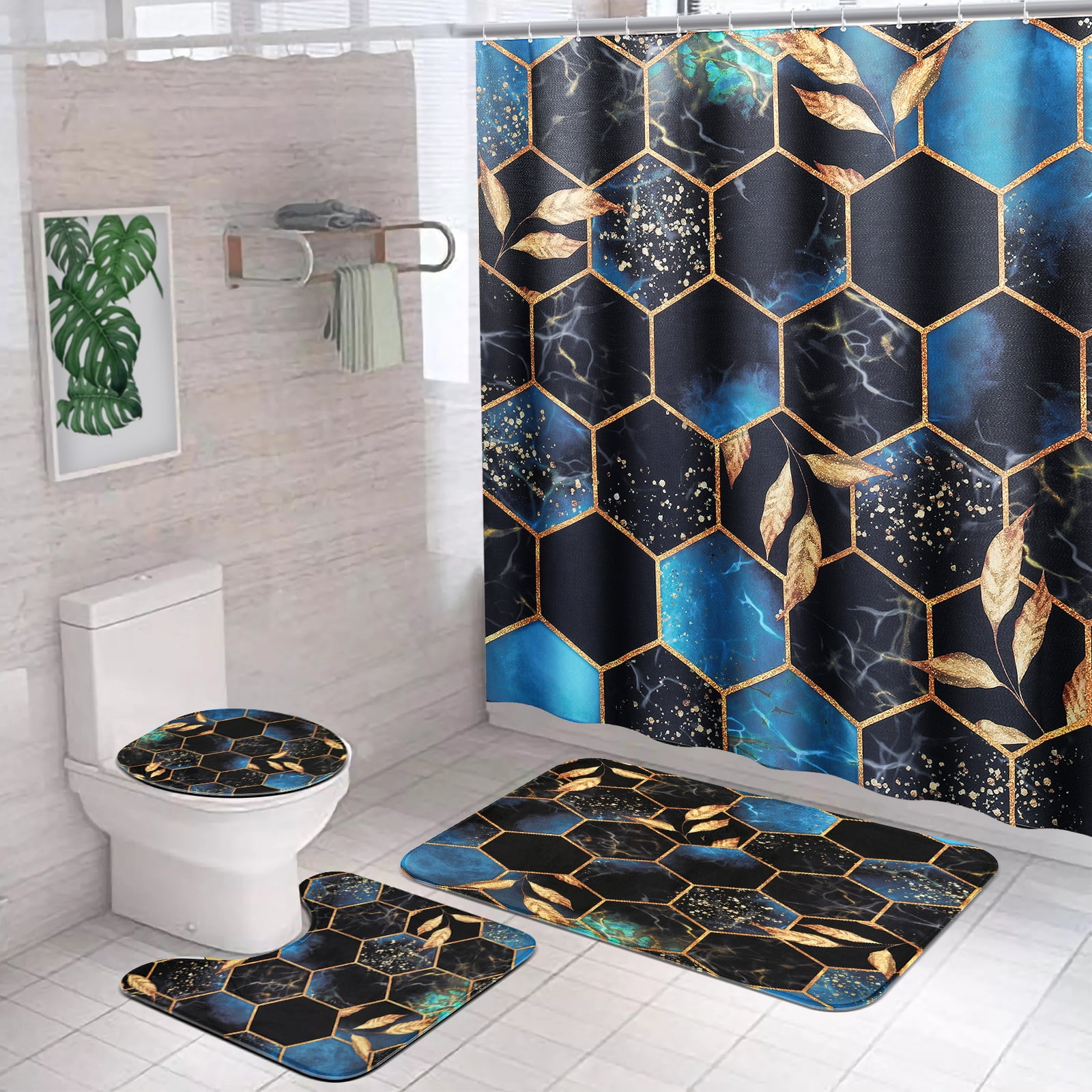 BSHAPPLUS 16-Pc Marble Shower Curtain Bathroom Set with Rugs, Toilet ...