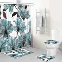 BSHAPPLUS 16pc Bathroom Set Blue Flower Floral Teal Shower Curtain Sets with Toilet Lid Cover,Bath Mat and Pedestal Rugs Set, Waterproof Shower Curtain