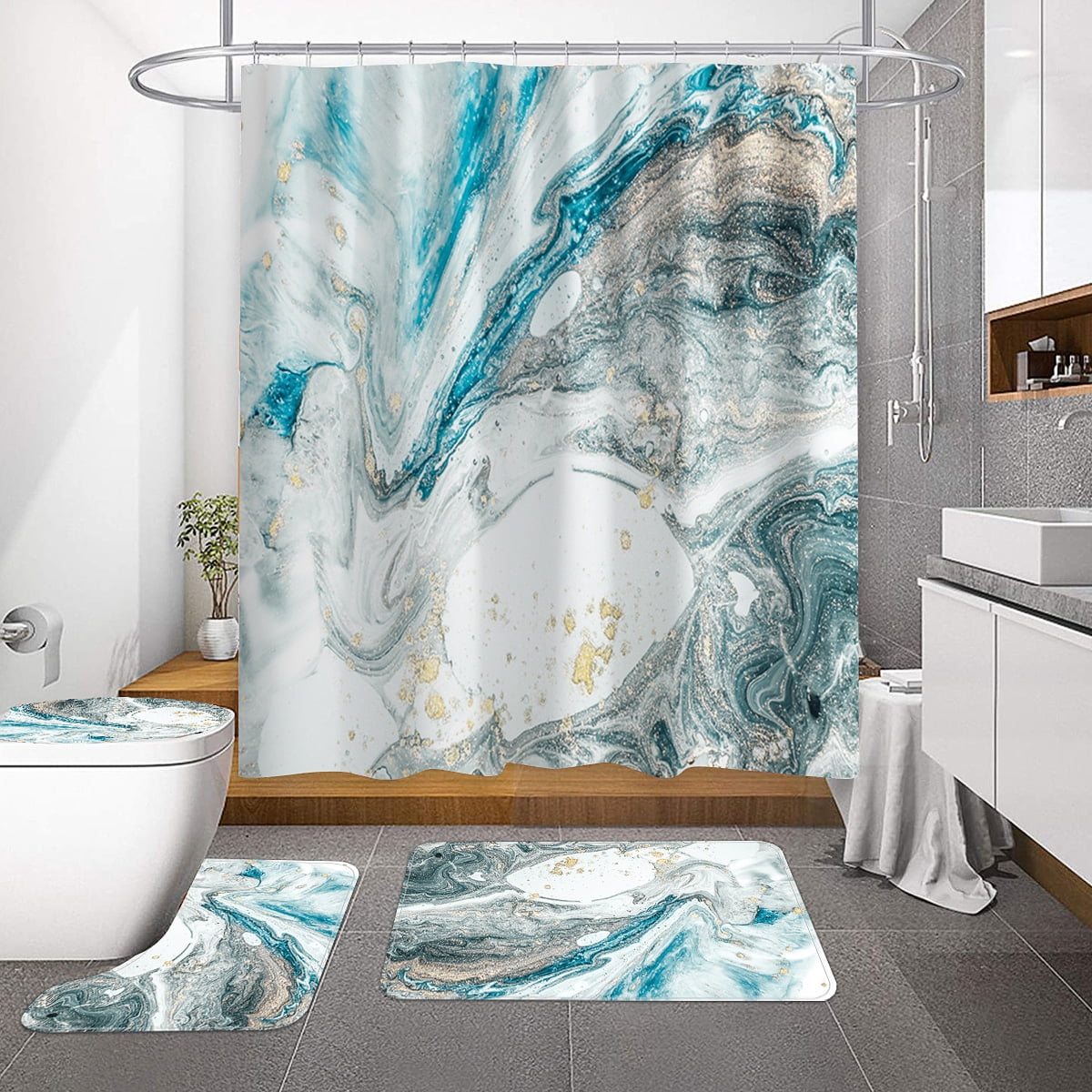 BSHAPPLUS 4pcs Bathroom Set Shower Curtain Set with Toilet Lid Cover & Bath Mat & Rug Set, Serviceable Waterproof Fabric Shower Curtain for Bathroom Hotel Decor
