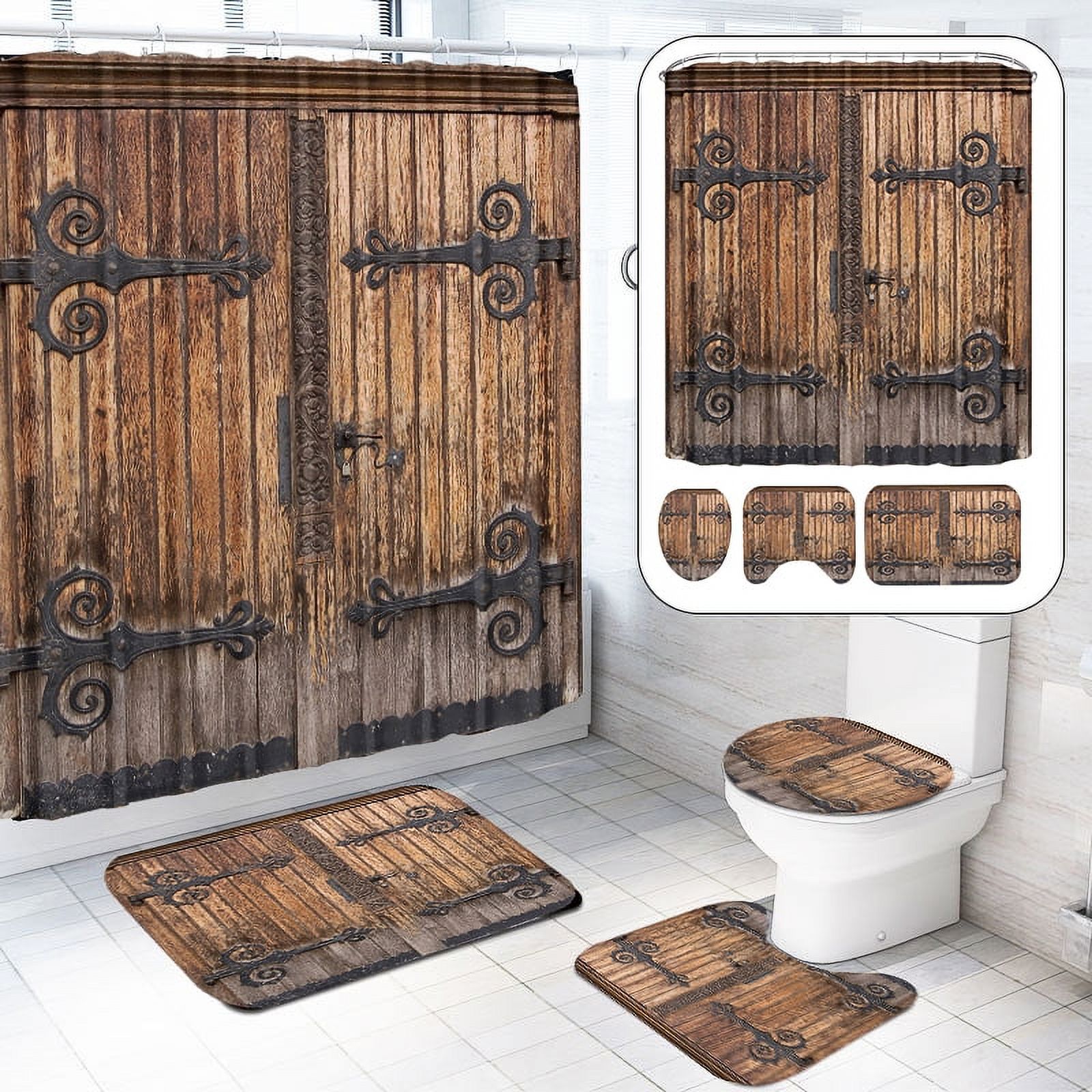 BSHAPPLUS 4PCS Shower Curtain Sets 70.9" Rustic Timber Door Bathroom Sets with Shower Curtain and Non-Slip Pedestal Rugs,Toilet Lid Cover, Bath Mat and 12 Hooks, for Bathroom Home Hotel Toilet Decor