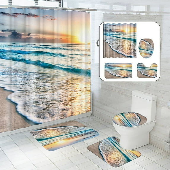 BSHAPPLUS 16pc Bathroom Sets, 71"x79" Waterproof Shower Curtains with 12 Hooks Large Bath Mat, Toilet Lid Cover and U-Shape Rugs for Home Hotel Decor