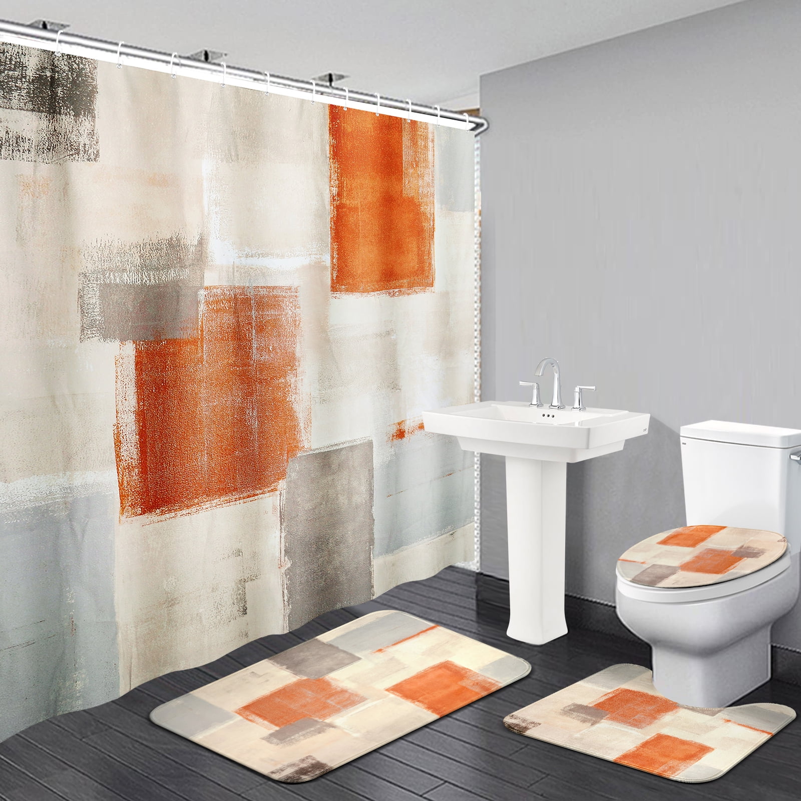 BSHAPPLUS 4PCS Shower Curtain Set 78.7inch Enlarge Bathroom Sets with Shower Curtain and Rugs Waterproof Shower Curtain Set with 12 Hooks