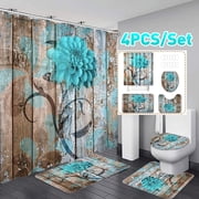 BSHAPPLUS  16Pcs Teal Dahlia Shower Curtain Set with Non Slip TPR Bath Mats,Waterproof Wood Plank Shower Curtain with 12 Hook,Vintage Farmhouse Floral Bathroom Decor for Home Apartment Coastal Airbnb