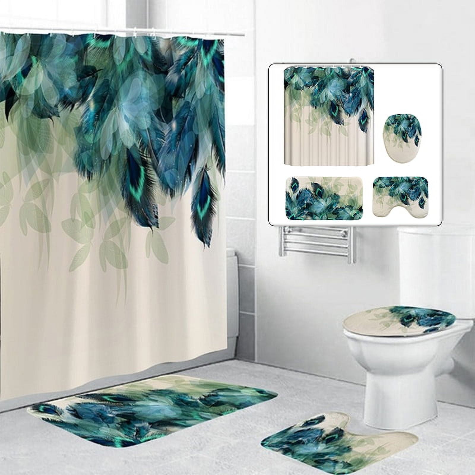 BSHAPPLUS 16pc Peacock Feather Bathroom Set - Shower Curtain, Rugs ...