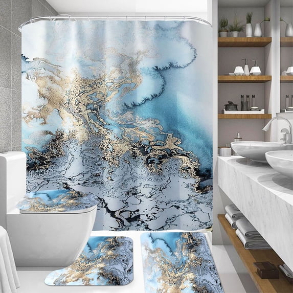 BSHAPPLUS® 16 Pcs Blue Gold Marble Shower Curtain Set with Non Slip Sponge Bath Mats,Waterproof Polyester Fluid Ink Shower Curtain with 12 Hooks,Luxury Bathroom Decor Set for Home Apartment Airbnb