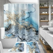 BSHAPPLUS  16 Pcs Blue Gold Marble Shower Curtain Set with Non Slip Sponge Bath Mats,Waterproof Polyester Fluid Ink Shower Curtain with 12 Hooks,Luxury Bathroom Decor Set for Home Apartment Airbnb