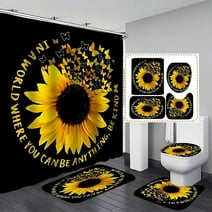 BSHAPPLUS 16pc Bathroom Sets Sunflower Shower Curtain Sets Waterproof Fabric Shower Curtain with 12 Hooks,Bathroom Decor Shower Curtain and Rug Set Non-Slip Rug,Toilet Lid Cover and Bath Mat