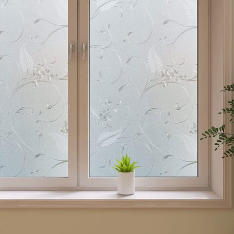 BSHAPPLUS® 17.7"x78.7" Flower Window Privacy Film,Floral Glass Window Film,Frosted Window Sticker,3D Window Decals Non Adhesive for Bathroom Living Room Office