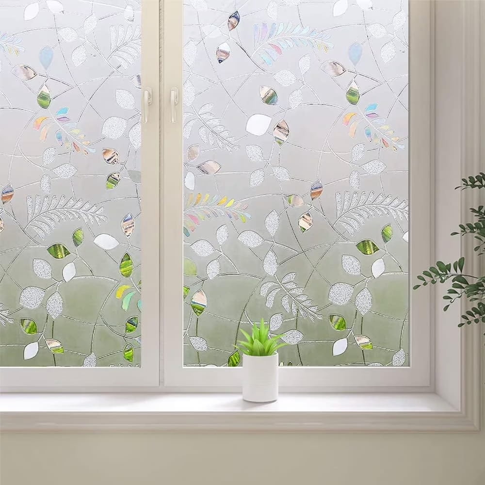 BSHAPPLUS 17.7"x78.7" Privacy Window Film, 3D Leaf Stained Glass Window Film, Rainbow Window Tint for Home, Frosted Window Clings for Kitchen Bathroom Office