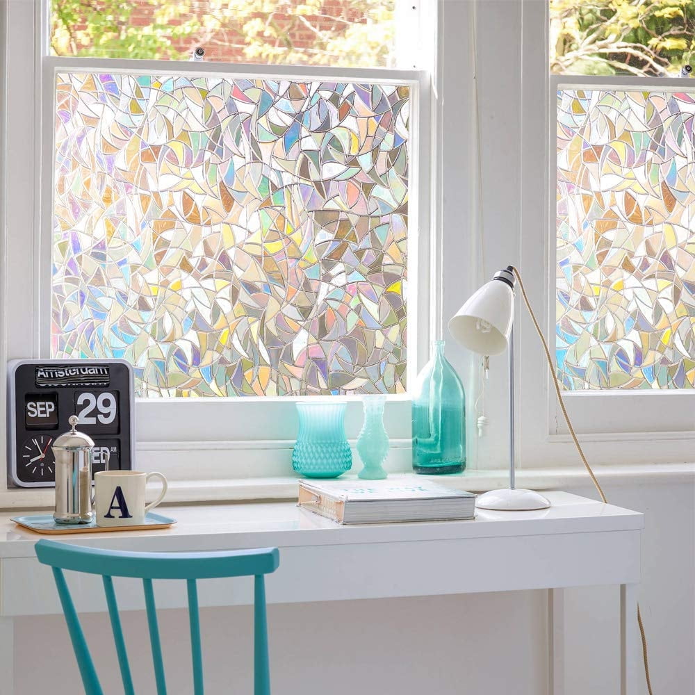 BSHAPPLUS® 17.7"x78.7" Privacy Window Film,3D Rainbow Window Clings,Stained Glass Window Film,Non-Adhesive Window Tin,Anti UV Window Sticker for Home Kitchen Bathroom Office