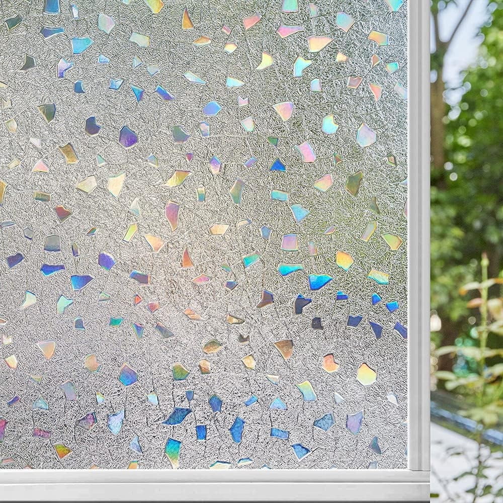 BSHAPPLUS® 17.7"x78.7" Privacy Window Film,3D Rainbow Window Clings,Stained Glass Window Film,Non-Adhesive Window Tint for Home,Anti UV Window Sticker for Kitchen Bathroom Office