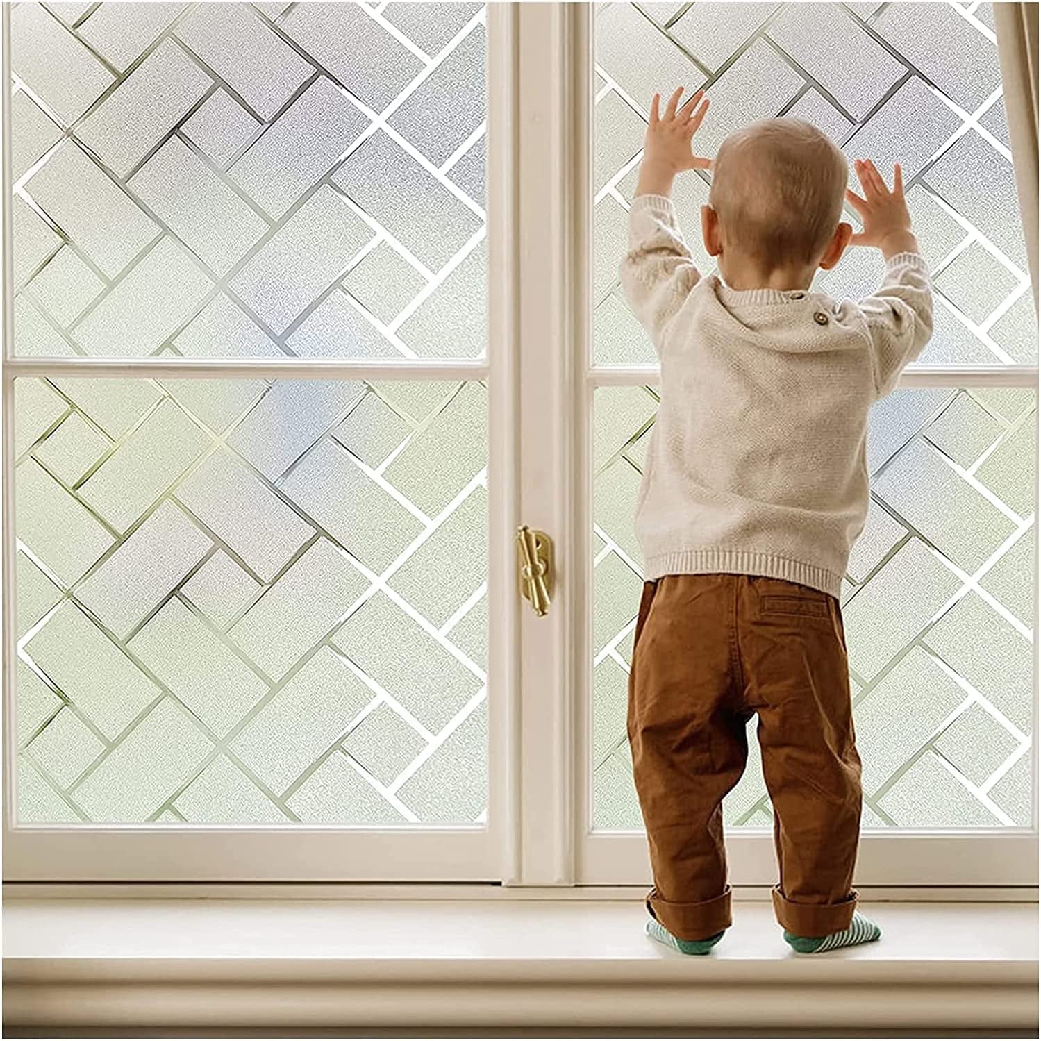 BSHAPPLUS 17.7" x 78.7" Privacy Window Film,Blackout Window Clings,Frosted Glass Window Film,Non-Adhesive Window Tint,Anti UV Herringbone Window Sticker for Home Kitchen Bathroom Office