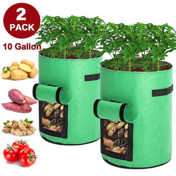 BSHAPPLUS 2 Pcs Potato Grow Bags 10 Gallon,Non-Woven Fabric Plant Growing Bag with Roll-Up Harvest Window & Reinforced Handle,BPA Free Breathable Planter Pot for Potato Tomato Carrot Vegetable,Green