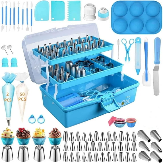 BSHAPPLUS® 236Pcs Cake Decorating Supplies Set,Cupcake Decorating Supplies with Storage Box,Blue Baking Supplies Tools,Piping Bags and Tips Set,Cake Pans,Frosting Bags,Icing Tips Pastry,Cake Scrapers