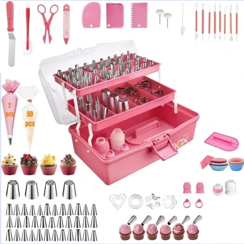 BSHAPPLUS® 236Pcs Cake Decorating Supplies Set,Cupcake Decorating Supplies with Storage Box,Pink Baking Supplies Tools,Piping Bags and Tips Set,Cake Pans,Frosting Bags,Icing Tips Pastry,Cake Scrapers