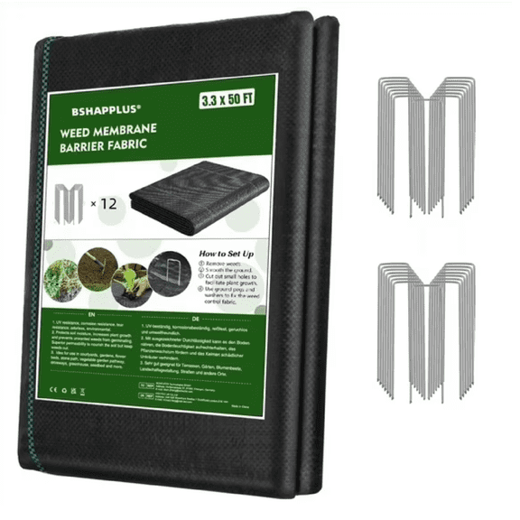 BSHAPPLUS 3.3x50ft Weed Barrier Fabric, 3.2oz Landscape Fabric, Heavy Duty Geotextile Fabric with 12 U-Shaped Safety Stakes