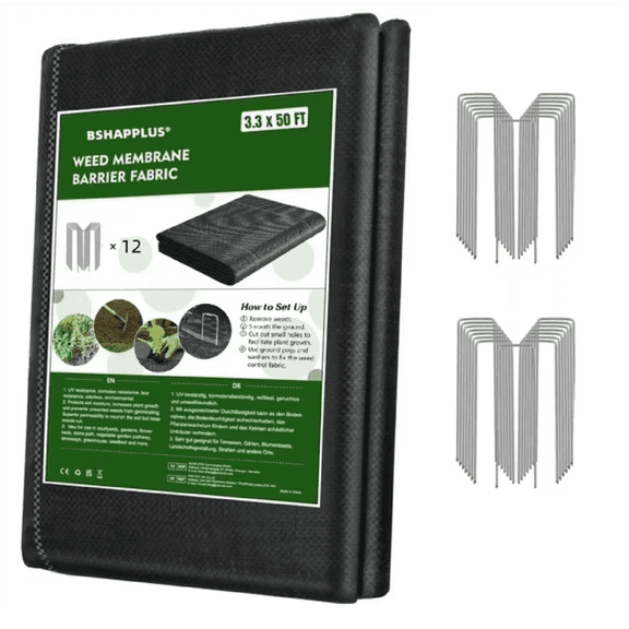 BSHAPPLUS® 3.3x50ft Weed Barrier Fabric,3.2OZ Landscape Fabric,Heavy Duty Geotextile Fabric with 12 U-Shaped Securing Pegs,Woven Ground Cover for Commercial Greenhouse,Yard,Garden Barrier Cloth