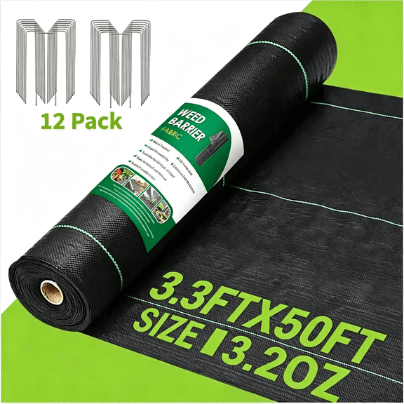 BSHAPPLUS® 3.3x50ft Weed Barrier Fabric,3.2OZ Landscape Fabric,Heavy Duty Geotextile Fabric with 12 U-Shaped Securing Pegs,Woven Ground Cover for Commercial Greenhouse,Yard,Garden Barrier Cloth