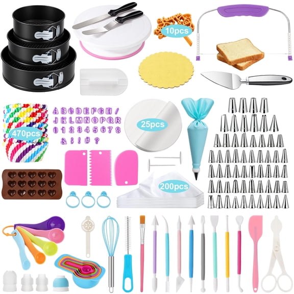 BSHAPPLUS 852 Pcs Cake Baking & Decorating Kit with 3 Non-Stick Springform Pans, 360 Rotating Turntable, 58 Numbered Piping Tips, Fondant Pens, 200 Pastry Bags, Baking Supplies for Beginners
