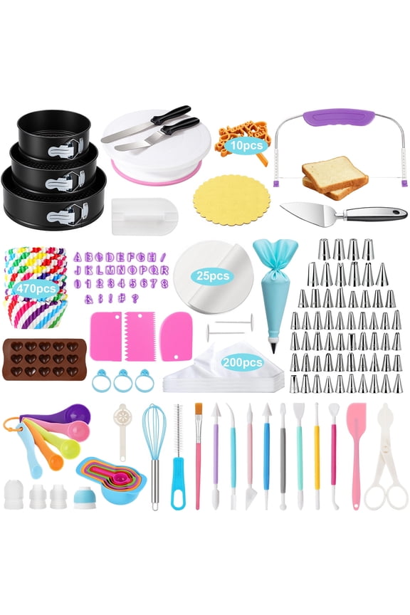 852 Pcs Cake Baking & Decorating Kit with 3 Non-Stick Springform Pans, 360 Rotating Turntable, 58 Numbered Piping Tips, Fondant Pens, 200 Pastry Bags, Baking Supplies for Beginners