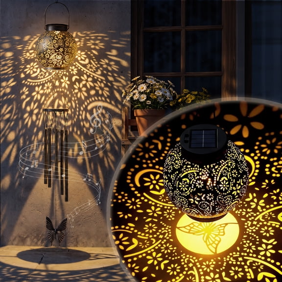 BSHAPPLUS 39" Solar Wind Chimes for Outside,Hollow Lantern with Flower Shadow Projection,Retro Metal Wind Chime with Butterfly,2-in-1 Detachable IP65 Waterproof Garden Decor for Patio Yard Porch