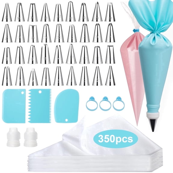 BSHAPPLUS Cake Decorating Kit, 350 Disposable Piping Bags + 2 Reusable Silicone Pastry Bags, 36 Stainless Steel Icing Tips, Scrapers & Couplers, Anti-Burst Piping Bags Set for Cupcake Cookie Baking