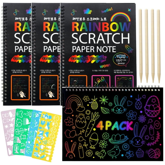 BSHAPPLUS® 4 Pack Rainbow Scratch Art Notebooks,Magic Scratch off Paper Notebook Set for Kids Art and Craft Activity Book Black Sketch Doodle Pads with Drawing Stick for Party Favor Game Gift