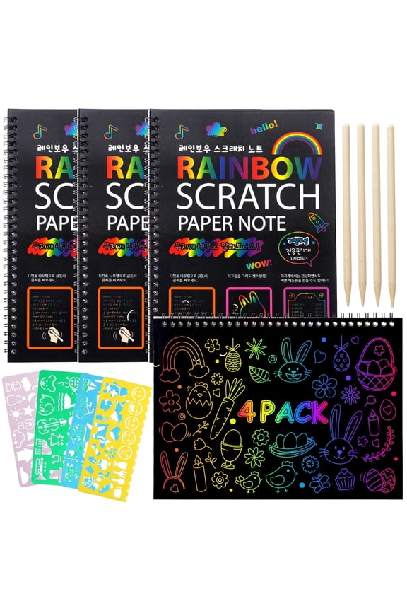® 4 Pack Rainbow Scratch Art Notebooks,Magic Scratch off Paper Notebook Set for Kids Art and Craft Activity Book Black Sketch Doodle Pads with Drawing Stick for Party Favor Game Gift
