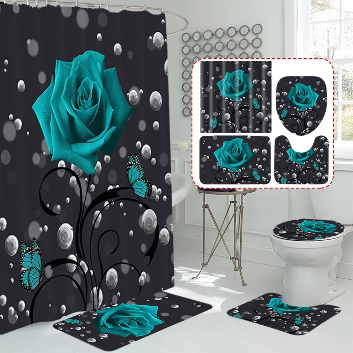 BSHAPPLUS 16pc Dark Blue Rose Valentine's Day Shower Curtain Set with Rugs, Toilet Lid Cover Mat ...