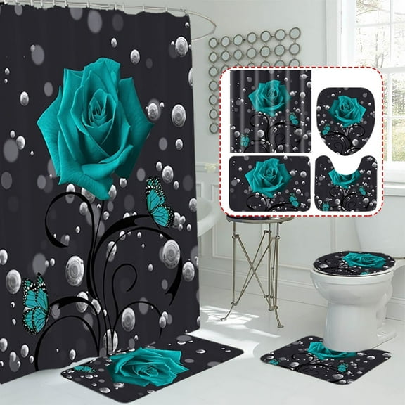 BSHAPPLUS 4PCS Bathroom Sets Shower Curtain Set,Waterproof Dark Blue Rose Valentine's Day Shower Curtain Sets with Rugs(Bath Mat, Pedestal Rug and Toilet Lid Cover Mat) and 12 Hooks