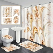 BSHAPPLUS 4PCS Shower Curtain Set Marble Bathroom Decor Sets with Rugs, Toilet Lid Cover and Bath Mat, Shower Curtain with 12 Hooks for Bathroom Decor