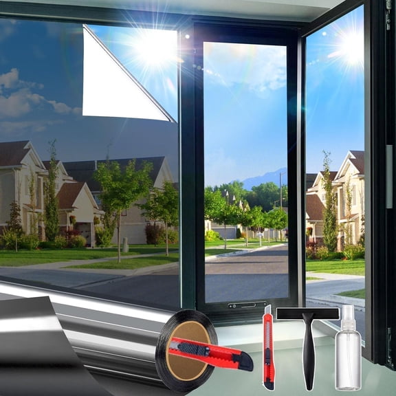 BSHAPPLUS® 17.7" x 98" One Way Window Film,Privacy Mirror Tint Window Film,One Way Mirror Film Daytime Privacy,Static Non-Adhesive Heat Control Anti UV Window Tint for Home Office and Auto