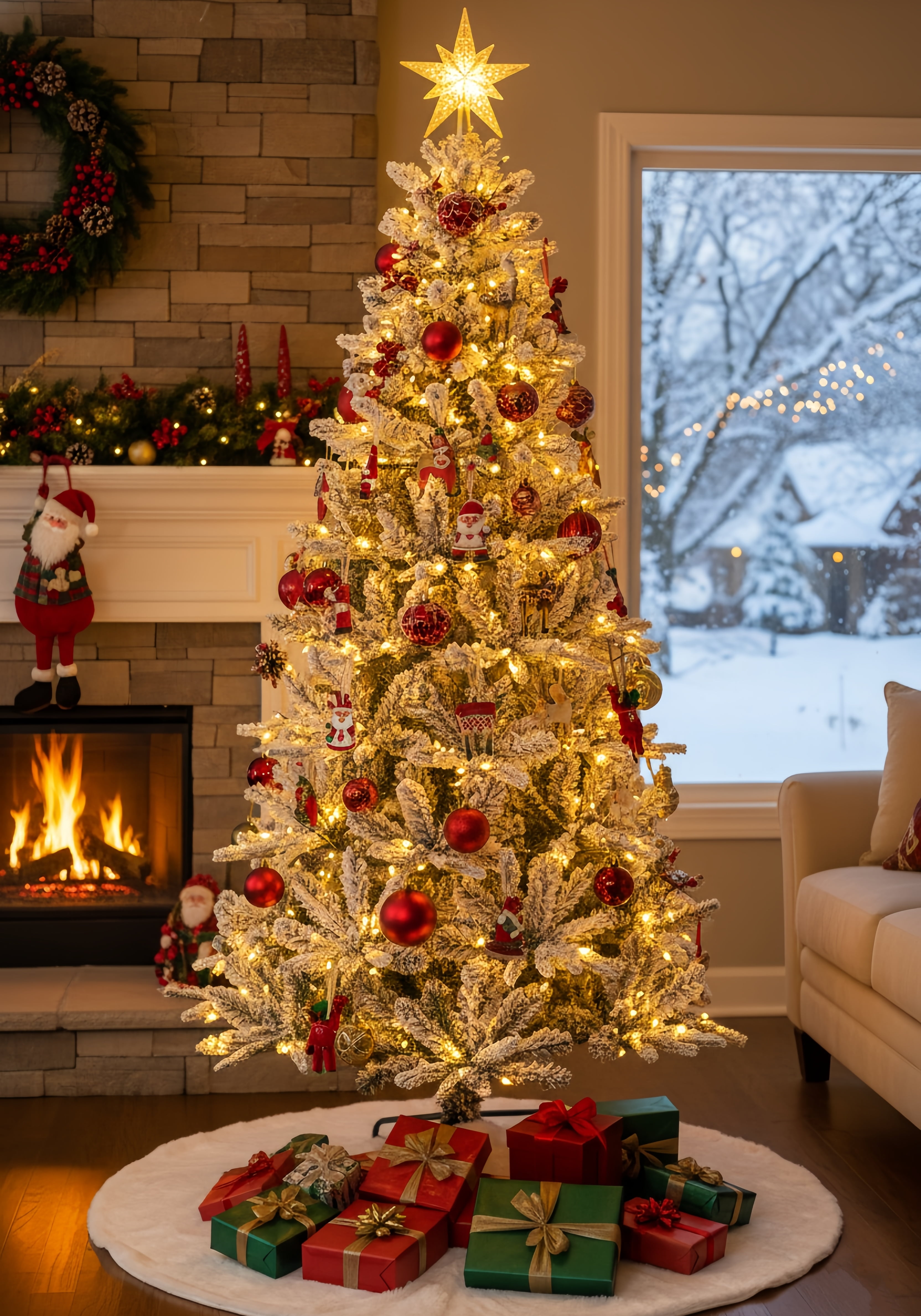 BSHAPPLUS 6ft Pre-Lit Flocked Pencil Christmas Trees,Artificial Slim Xmas Tree with 800 Branch Tips,350 Color Changing Lights for Home, Office and Holiday Party Decor