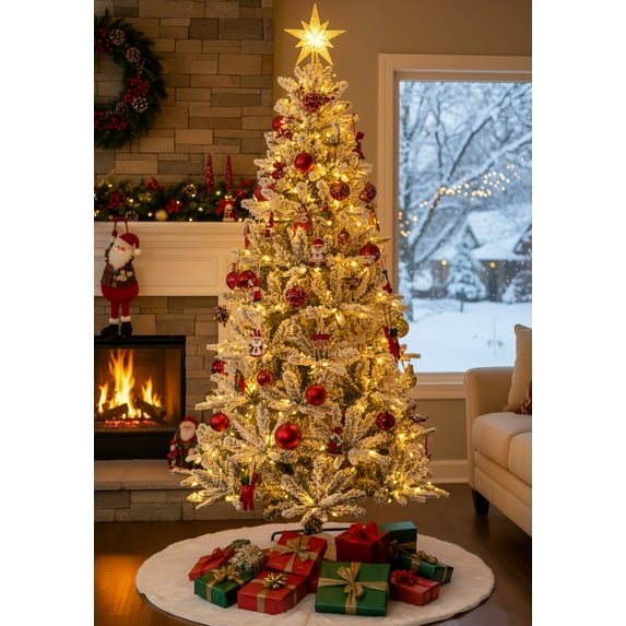 BSHAPPLUS® 6ft Pre-Lit Flocked Pencil Christmas Trees,Artificial Slim Xmas Tree with 800 Branch Tips,350 Color Changing Lights for Home, Office and Holiday Party Decor