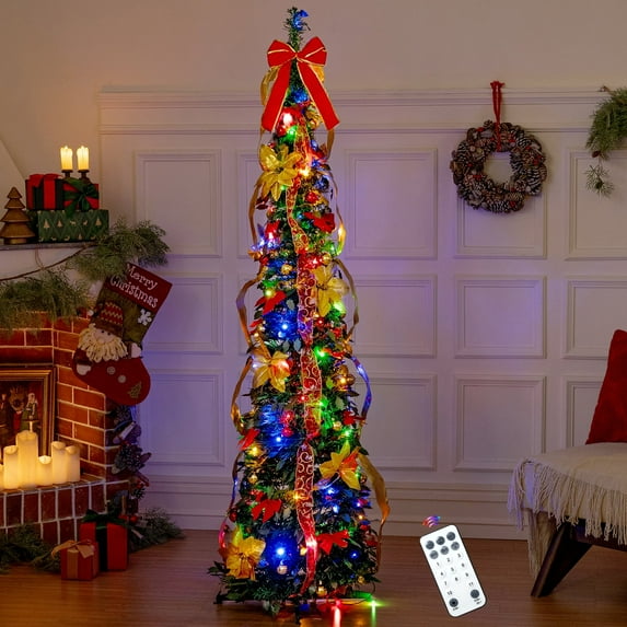 BSHAPPLUS® 6ft Pre-Lit Pop-Up Christmas Tree with Remote Control,Pre-Decorated Artificial Slim Christmas Tree with 100 LED Lights, 36 Christmas Ball,21Bows,4 Ribbon and 11 Light-Modes for Home, Party