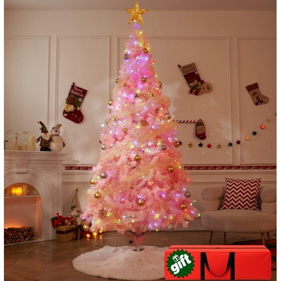 BSHAPPLUS® 6ft Pre-Lit Artificial Christmas Trees,Pink Xmas Tree with 1200 Branch Tips,500 Color Changing Lights for Home, Office and Holiday Party Decor